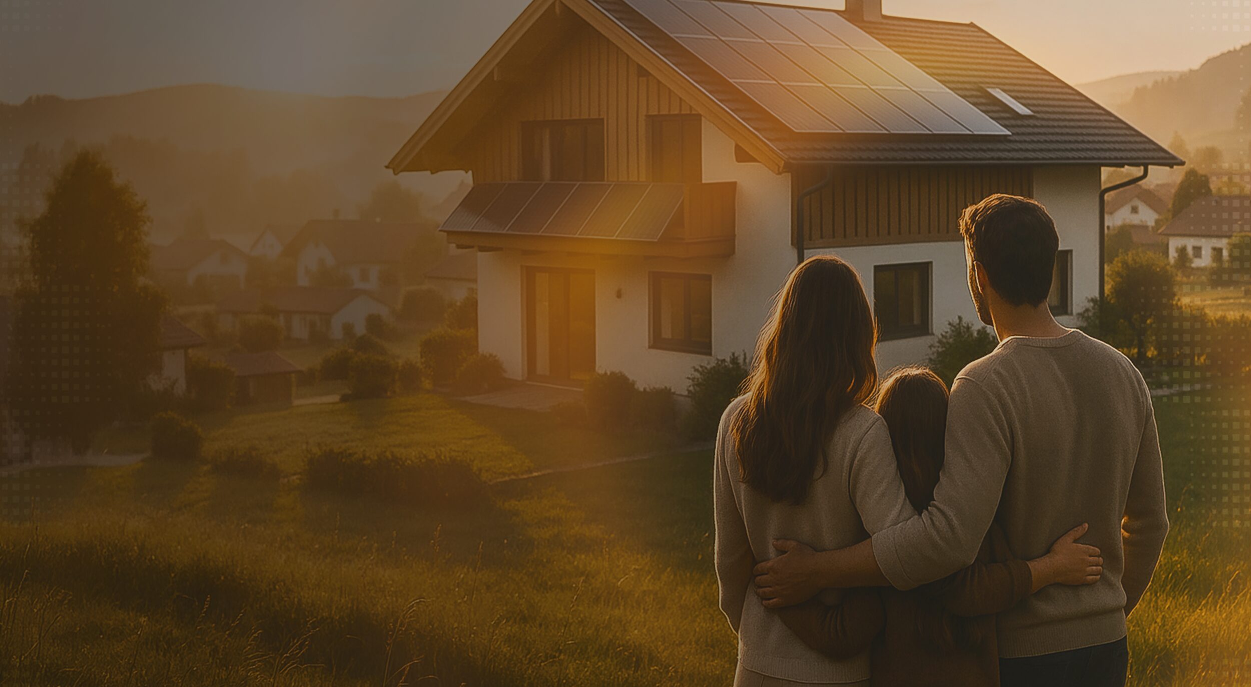 HeroImage_CitrinSolar_00 Eine dreiköpfige Familie steht Arm in Arm vor einem modernen Haus mit Sonnenkollektoren auf dem Dach, das in warmes Sonnenlicht getaucht ist, mit einer friedlichen Nachbarschaft und Hügeln im Hintergrund.