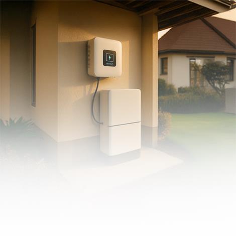 A home battery storage system installed on an exterior house wall, with a digital display and connected cables, set in a suburban yard at sunset.