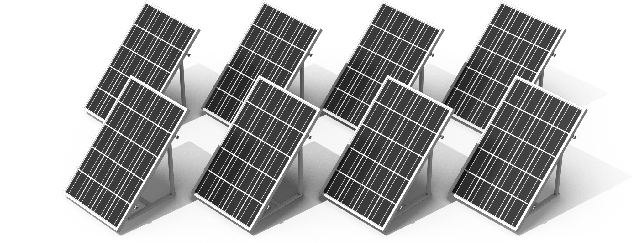 SolarPanels_CitrinSolar_00 Sechs geneigte Solarmodule, die in zwei versetzten Reihen auf Metallständern vor einem schwarzen Hintergrund angeordnet sind.