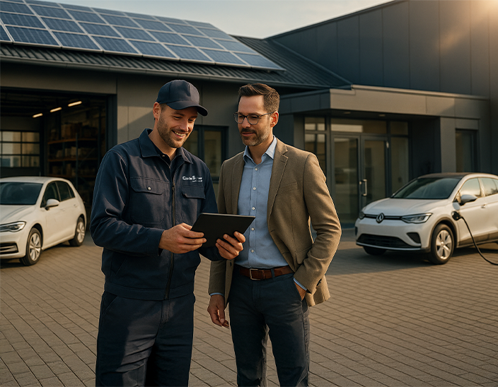 loesung_fuer_unternehmen Ein Techniker in Uniform und ein Mann in Geschäftskleidung schauen gemeinsam auf ein Tablet vor einem modernen Gebäude mit Sonnenkollektoren und in der Nähe geparkten Elektroautos.