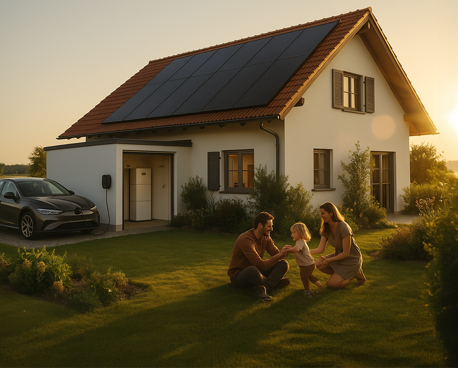 loesung_fuer_zuhause Eine dreiköpfige Familie spielt auf der Wiese vor einem modernen Haus mit Sonnenkollektoren auf dem Dach und einem Elektroauto, das bei Sonnenuntergang aufgeladen wird.