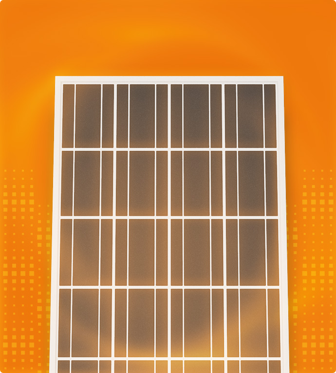 single_solar_panel Ein Solarmodul mit weißem Rahmen wird vor einem leuchtend orangefarbenen Hintergrund gezeigt, mit einem glühenden Lichteffekt dahinter und kleinen Gittermustern an den Seiten.