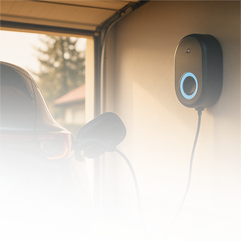 Ein Elektroauto ist in einer Garage geparkt, an eine Wandladestation angeschlossen und wird von der Sonne angestrahlt.